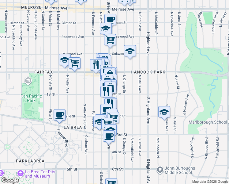 map of restaurants, bars, coffee shops, grocery stores, and more near 109 North Sycamore Avenue in Los Angeles
