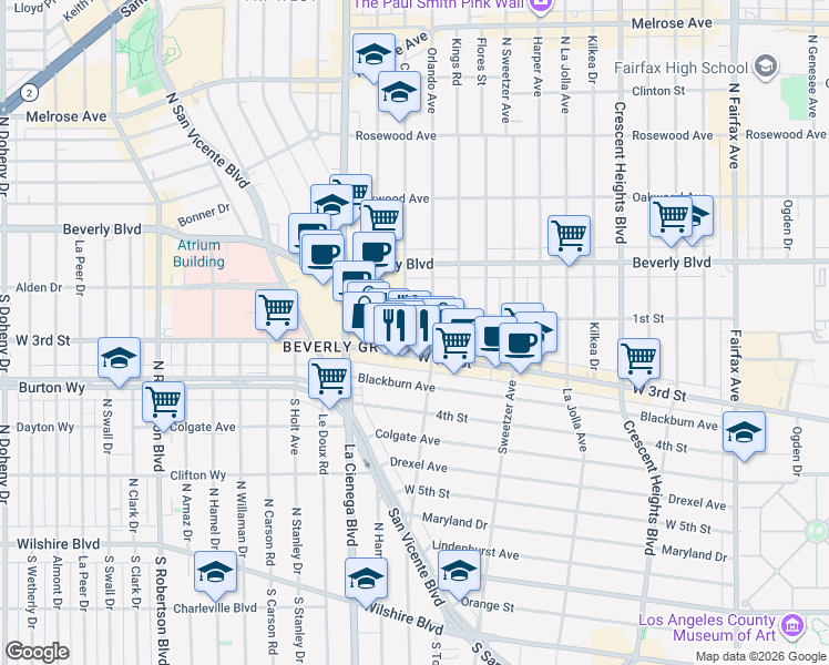 map of restaurants, bars, coffee shops, grocery stores, and more near 124 South Croft Avenue in Los Angeles