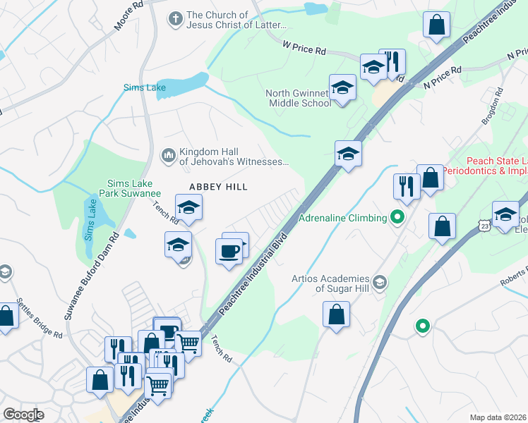 map of restaurants, bars, coffee shops, grocery stores, and more near 4495 Donahue Avenue in Sugar Hill
