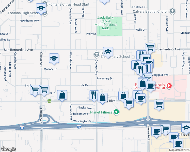 map of restaurants, bars, coffee shops, grocery stores, and more near 9906 Cypress Avenue in Fontana