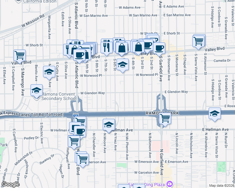 map of restaurants, bars, coffee shops, grocery stores, and more near 1800 South 6th Street in Alhambra