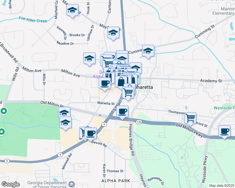 map of restaurants, bars, coffee shops, grocery stores, and more near 69 South Main Street in Alpharetta