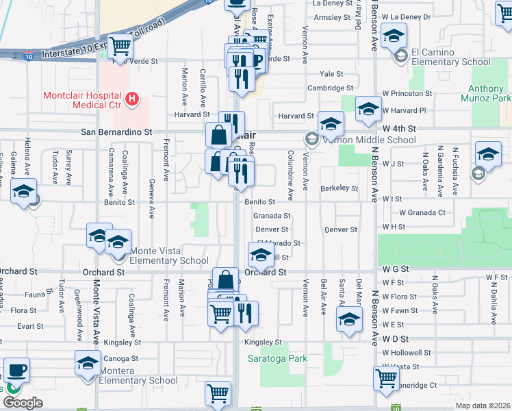 map of restaurants, bars, coffee shops, grocery stores, and more near 5357 Benito Street in Montclair