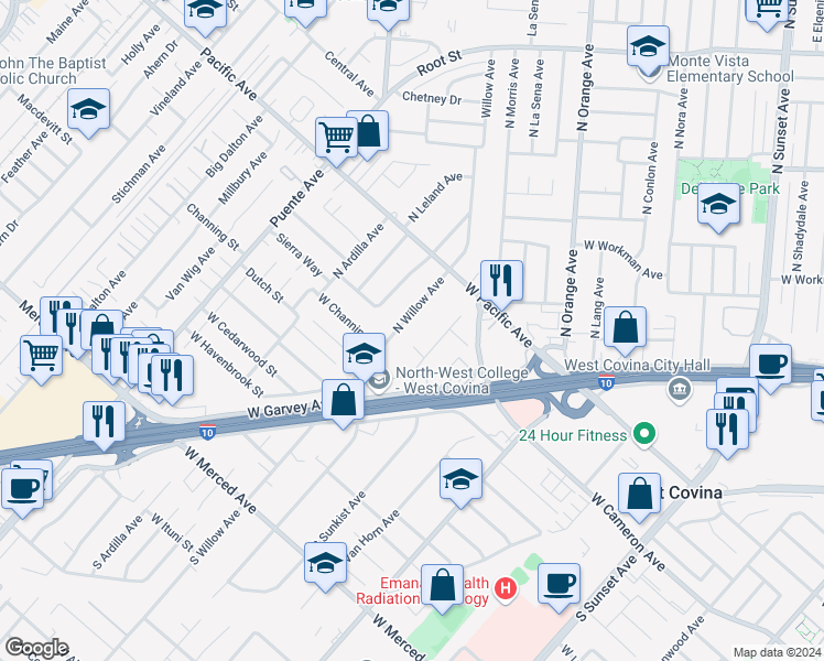 map of restaurants, bars, coffee shops, grocery stores, and more near 204 North Willow Avenue in West Covina