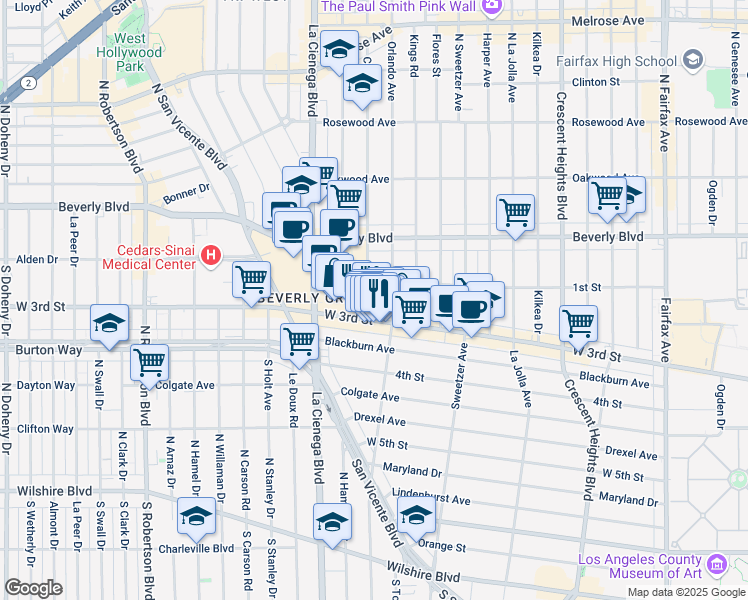 map of restaurants, bars, coffee shops, grocery stores, and more near 124 South Croft Avenue in Los Angeles