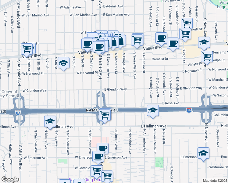 map of restaurants, bars, coffee shops, grocery stores, and more near 116 East Glendon Way in Alhambra