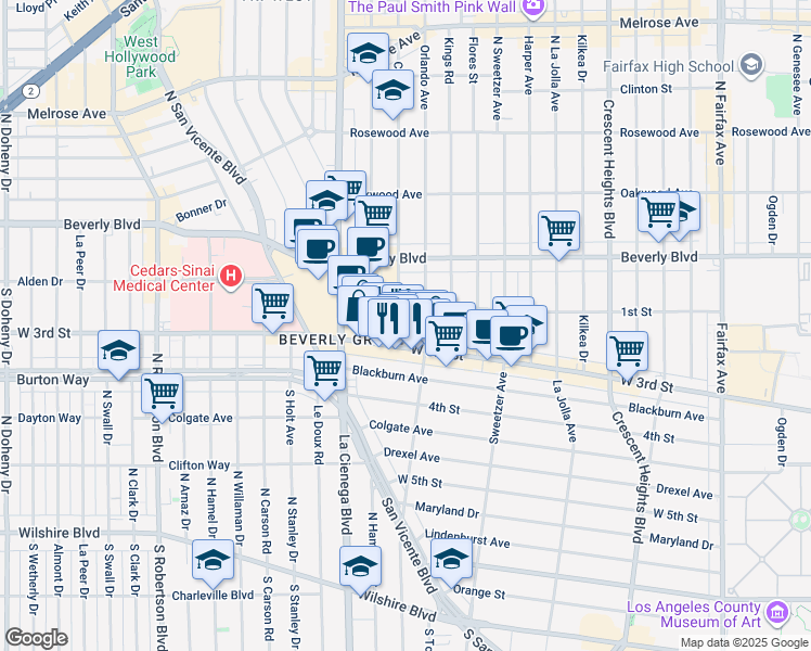 map of restaurants, bars, coffee shops, grocery stores, and more near 124 South Croft Avenue in Los Angeles