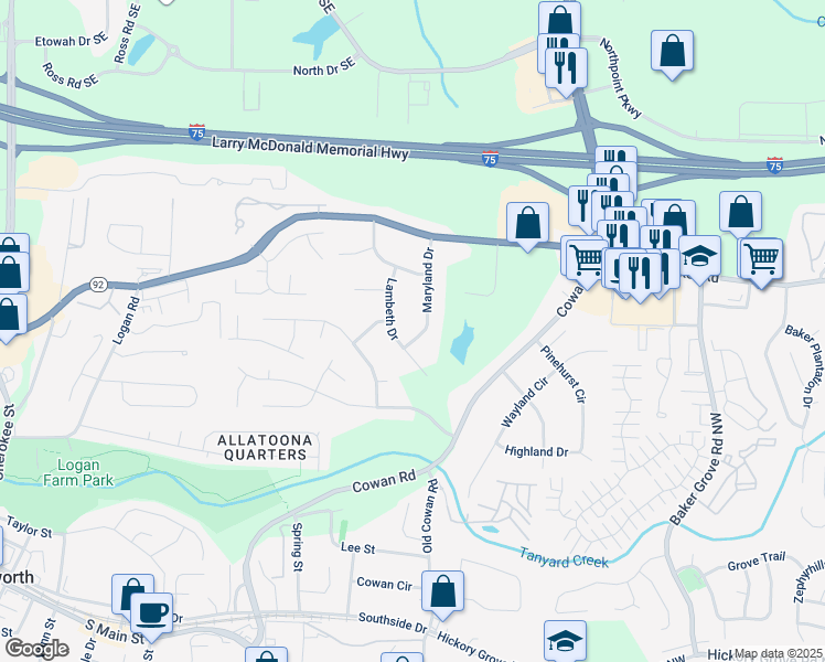 map of restaurants, bars, coffee shops, grocery stores, and more near 5005 Maryland Drive in Acworth