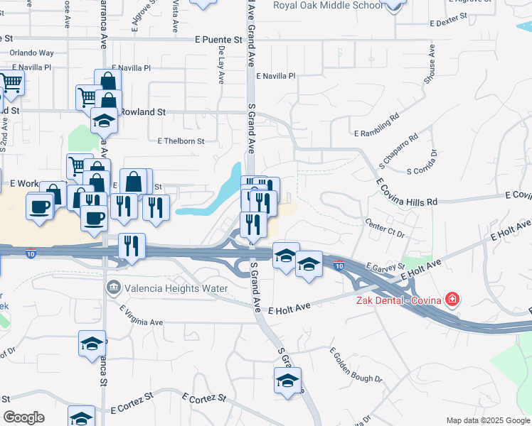 map of restaurants, bars, coffee shops, grocery stores, and more near 136 North Grand Avenue in West Covina