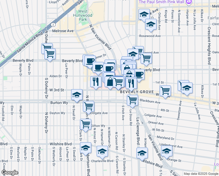 map of restaurants, bars, coffee shops, grocery stores, and more near 8631 West 3rd Street in West Hollywood