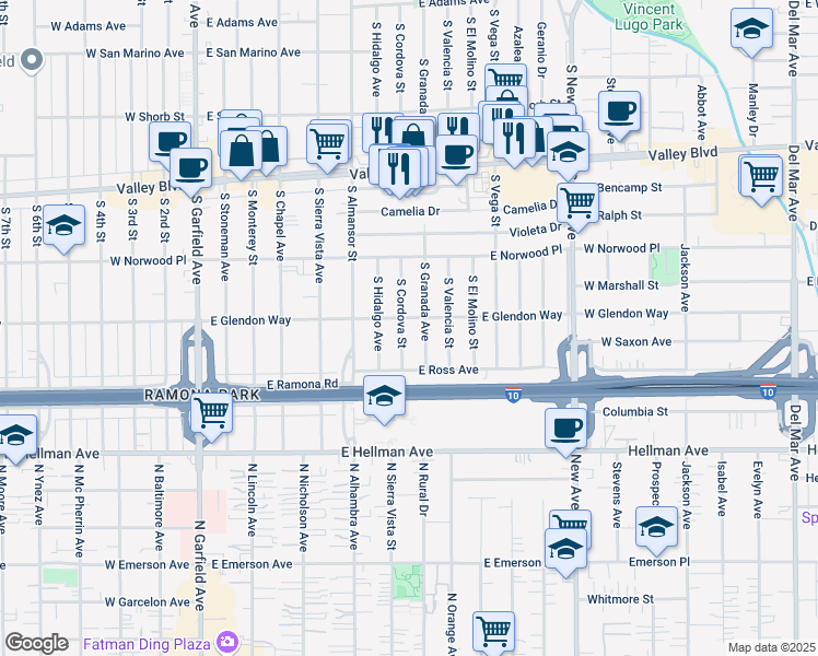 map of restaurants, bars, coffee shops, grocery stores, and more near 1801 South Granada Avenue in Alhambra