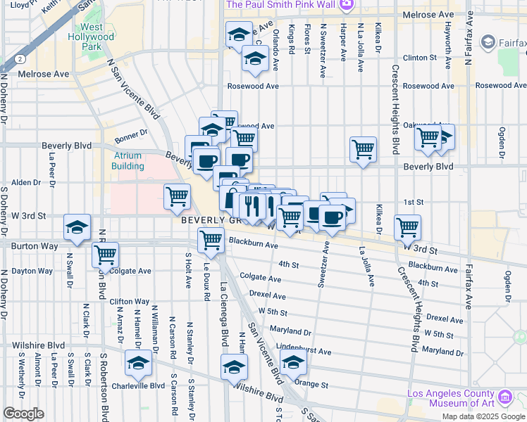 map of restaurants, bars, coffee shops, grocery stores, and more near 124 South Croft Avenue in Los Angeles