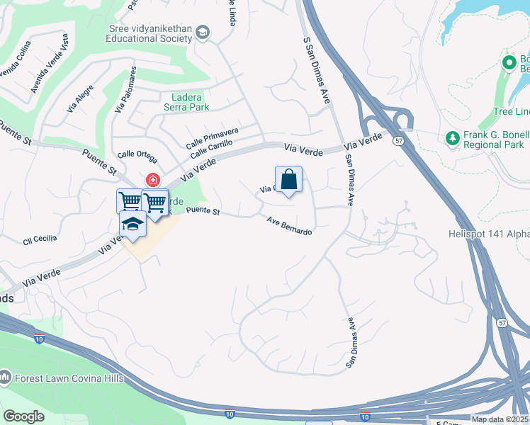 map of restaurants, bars, coffee shops, grocery stores, and more near 900 Puente Street in San Dimas