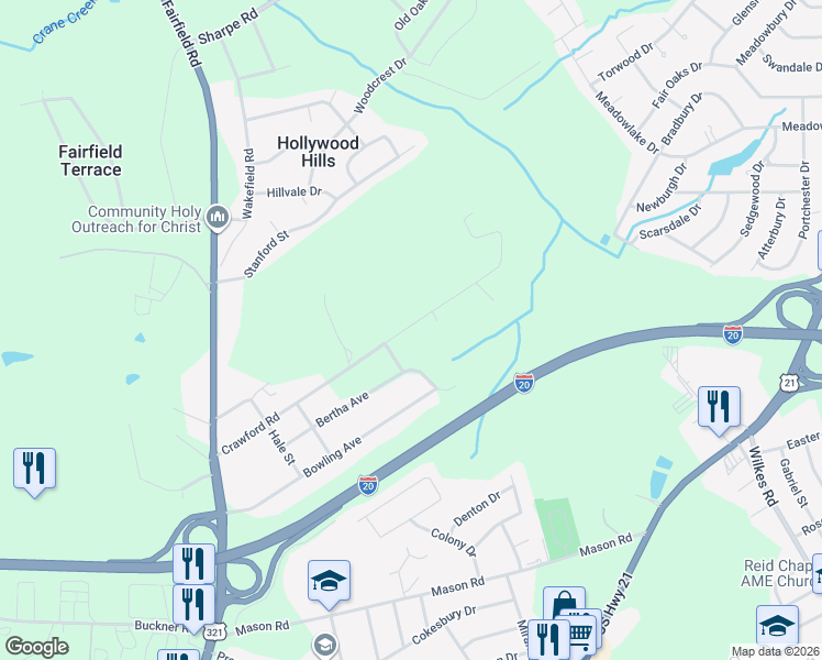 map of restaurants, bars, coffee shops, grocery stores, and more near 413 Crawford Road in Columbia