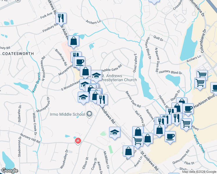 map of restaurants, bars, coffee shops, grocery stores, and more near 1511 Quail Valley East in Columbia