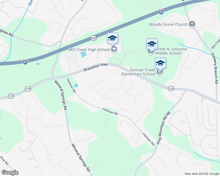 map of restaurants, bars, coffee shops, grocery stores, and more near 4284 Milford Place Northeast in Hoschton