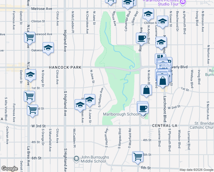 map of restaurants, bars, coffee shops, grocery stores, and more near 100 Hudson Place in Los Angeles