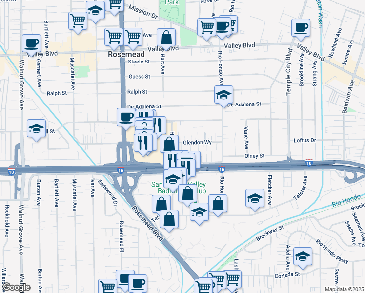 map of restaurants, bars, coffee shops, grocery stores, and more near 9228 Glendon Way in Rosemead