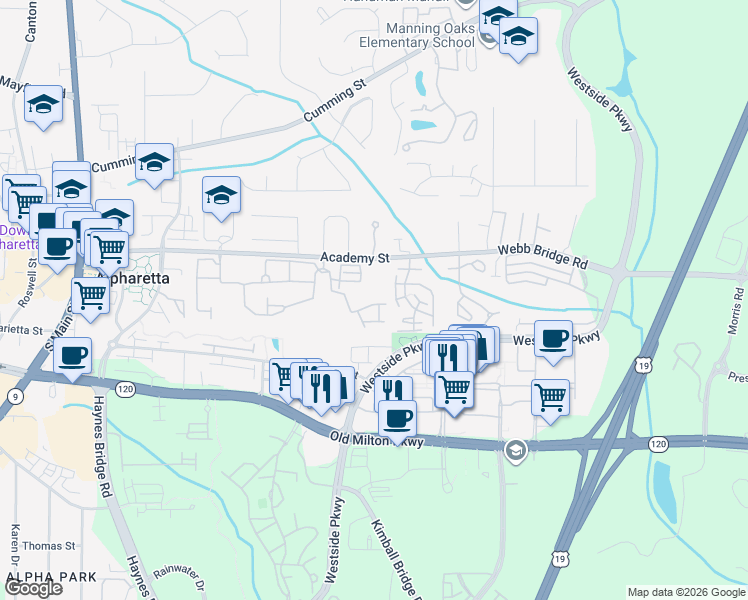 map of restaurants, bars, coffee shops, grocery stores, and more near 11920 Dancliff Trce in Alpharetta