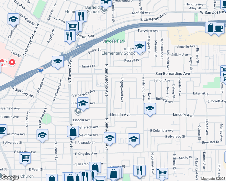 map of restaurants, bars, coffee shops, grocery stores, and more near 1530 North San Antonio Avenue in Pomona