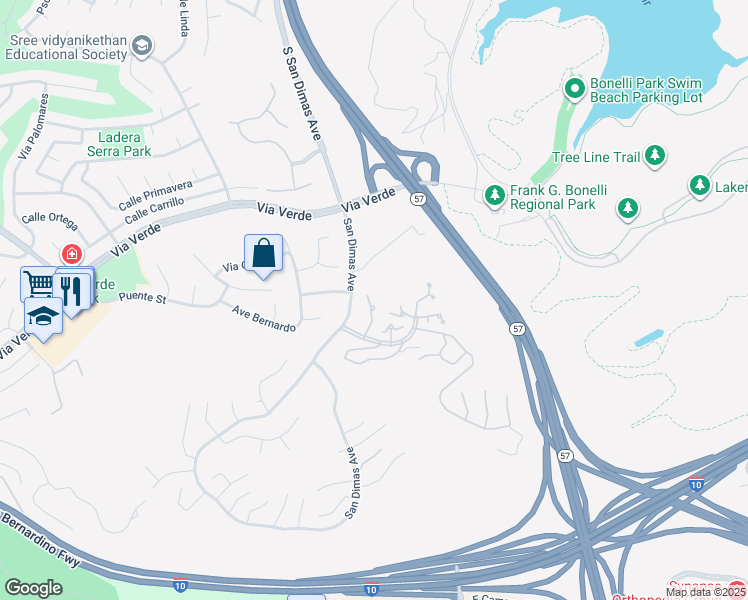 map of restaurants, bars, coffee shops, grocery stores, and more near 2054 Paseo Ambar in San Dimas