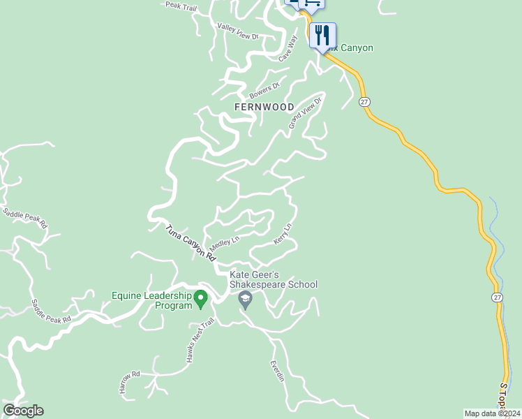 map of restaurants, bars, coffee shops, grocery stores, and more near 20641 Medley Lane in Topanga