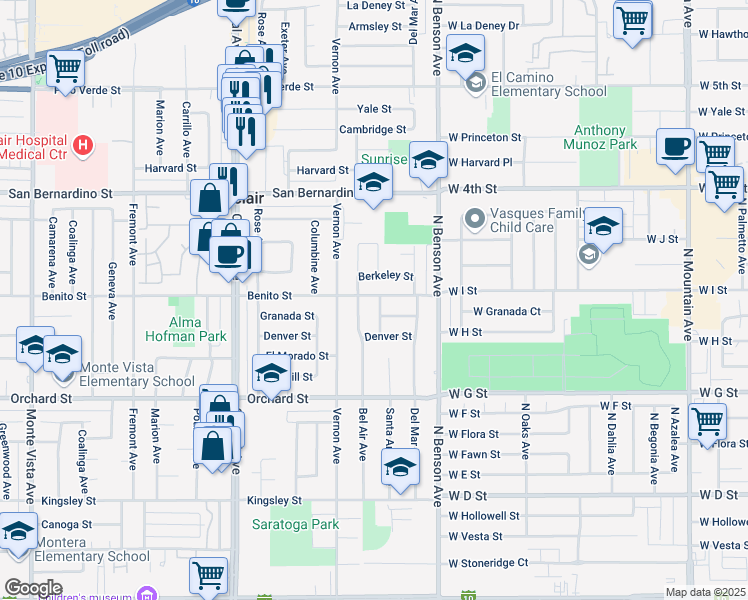 map of restaurants, bars, coffee shops, grocery stores, and more near 9909 Bel Air Avenue in Montclair