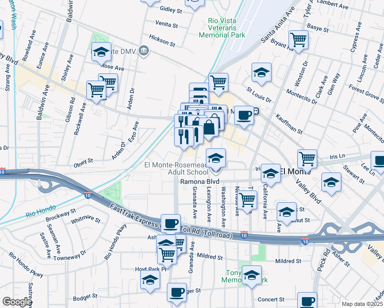 map of restaurants, bars, coffee shops, grocery stores, and more near 3553 Granada Ave in El Monte