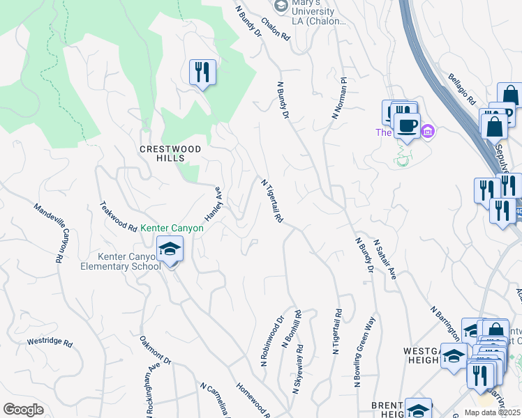map of restaurants, bars, coffee shops, grocery stores, and more near 12310 Rochedale Lane in Los Angeles