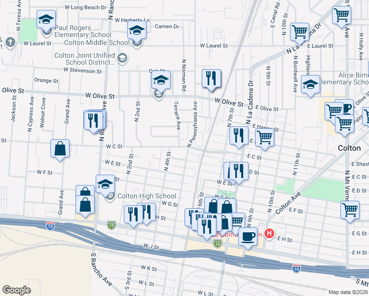 map of restaurants, bars, coffee shops, grocery stores, and more near 444 West C Street in Colton