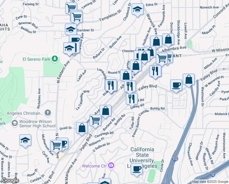 map of restaurants, bars, coffee shops, grocery stores, and more near 5197 Alhambra Avenue in Los Angeles