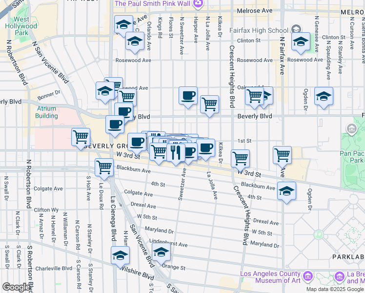 map of restaurants, bars, coffee shops, grocery stores, and more near 107 South Sweetzer Avenue in Los Angeles