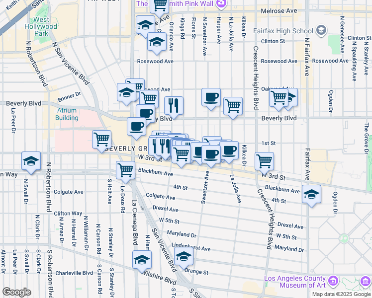 map of restaurants, bars, coffee shops, grocery stores, and more near 116 South Kings Road in Los Angeles