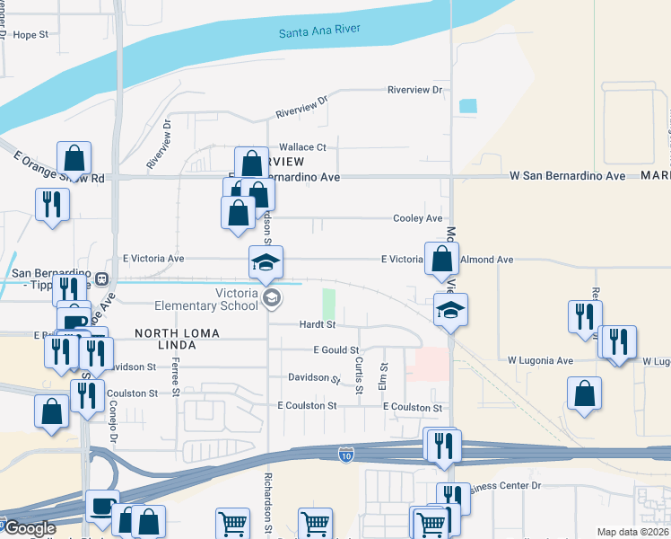 map of restaurants, bars, coffee shops, grocery stores, and more near 1795 East Victoria Avenue in San Bernardino