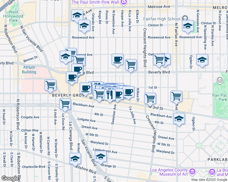 map of restaurants, bars, coffee shops, grocery stores, and more near 107 South Sweetzer Avenue in Los Angeles