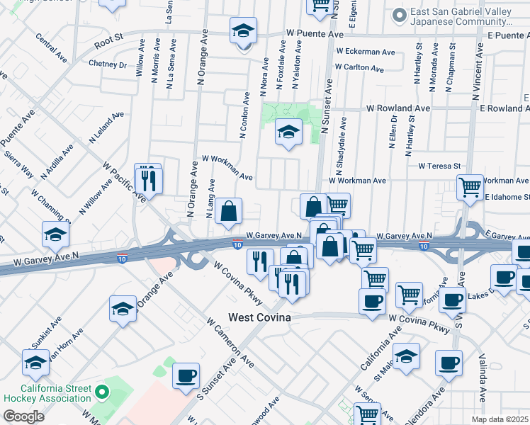 map of restaurants, bars, coffee shops, grocery stores, and more near 1540 Dennis Place in West Covina
