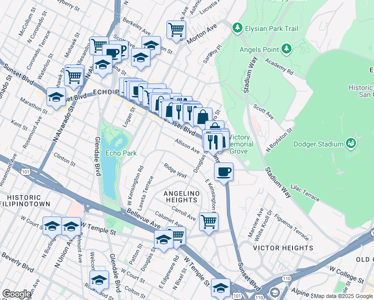 map of restaurants, bars, coffee shops, grocery stores, and more near 1440 Allison Avenue in Los Angeles