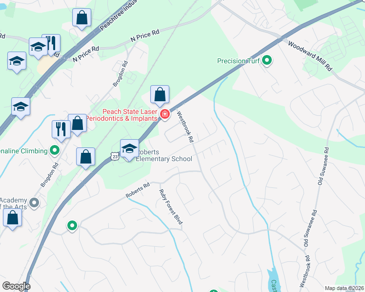 map of restaurants, bars, coffee shops, grocery stores, and more near 386 Creek Manor Way in Suwanee
