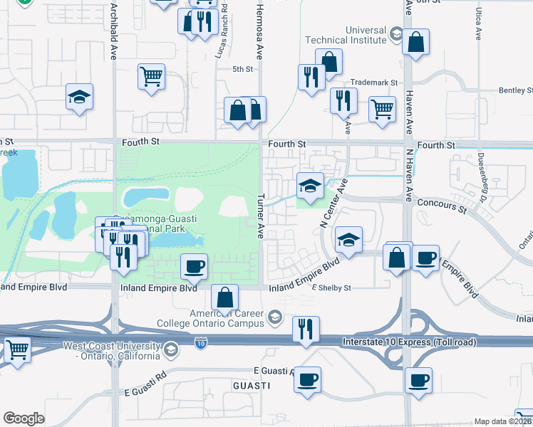 map of restaurants, bars, coffee shops, grocery stores, and more near 948 North Turner Avenue in Ontario