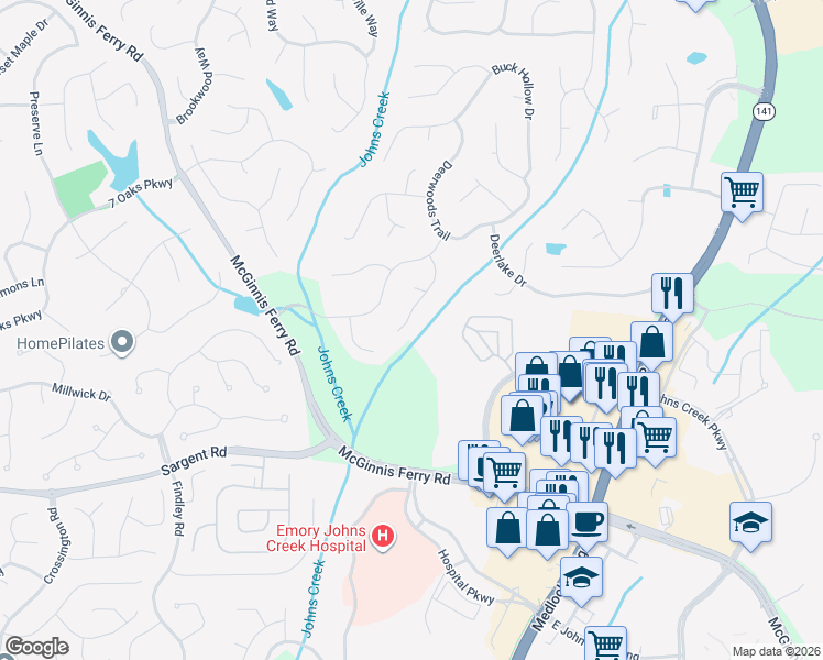 map of restaurants, bars, coffee shops, grocery stores, and more near 580 Fawn Run in Alpharetta