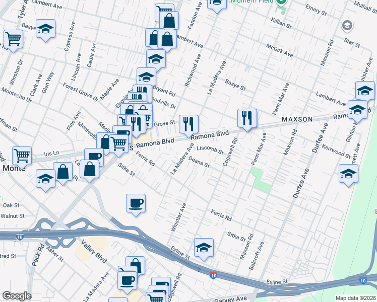 map of restaurants, bars, coffee shops, grocery stores, and more near 3812 La Madera Avenue in El Monte