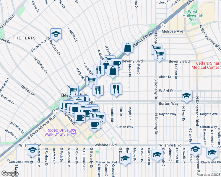map of restaurants, bars, coffee shops, grocery stores, and more near 331 Foothill Road in Beverly Hills