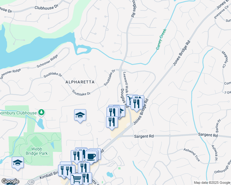map of restaurants, bars, coffee shops, grocery stores, and more near 1820 Oak Tree Hollow in Alpharetta