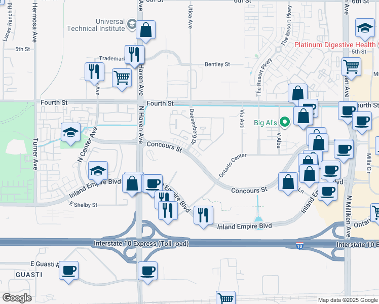 map of restaurants, bars, coffee shops, grocery stores, and more near 11063 Duesenberg Drive in Ontario