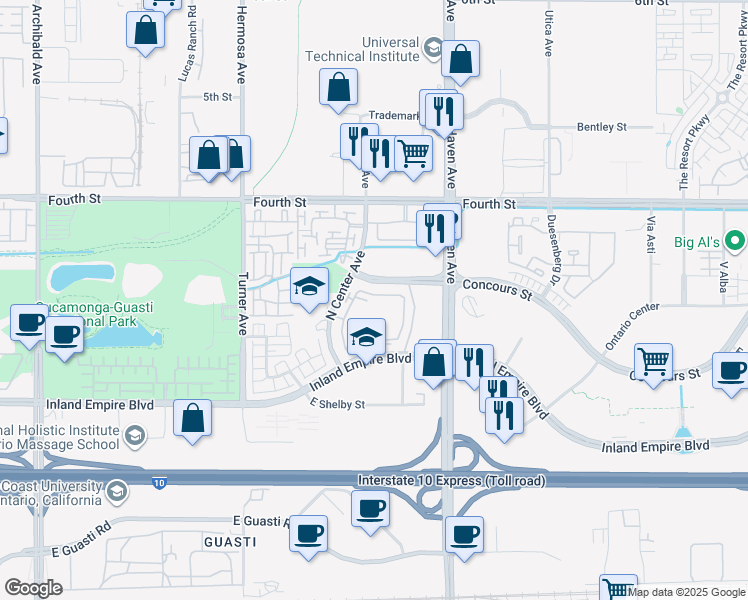map of restaurants, bars, coffee shops, grocery stores, and more near 3350 Concours Street in Ontario
