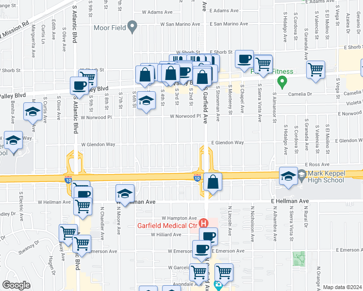 map of restaurants, bars, coffee shops, grocery stores, and more near 1800 South 3rd Street in Alhambra