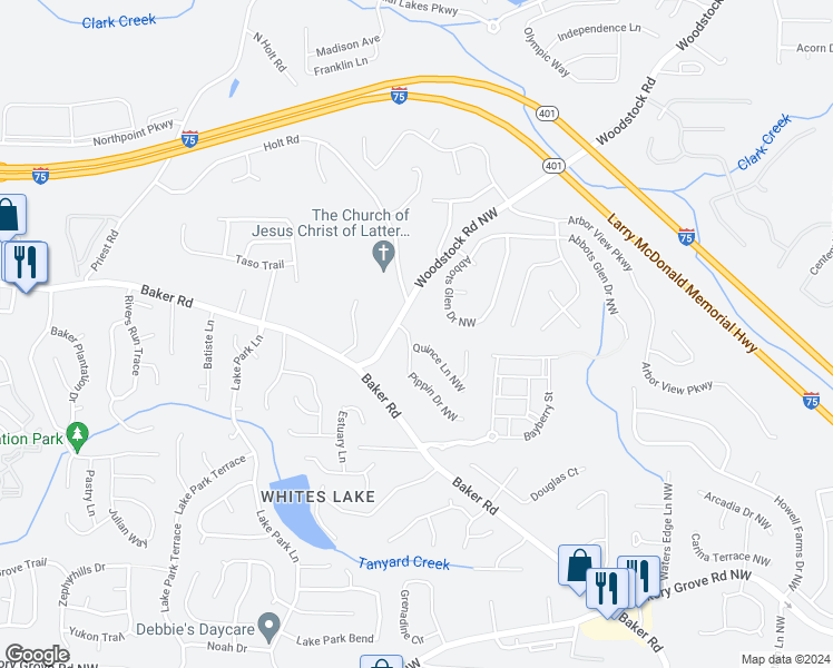 map of restaurants, bars, coffee shops, grocery stores, and more near 4948 Pippin Drive Northwest in Acworth