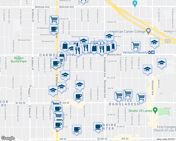 map of restaurants, bars, coffee shops, grocery stores, and more near 4209 West 1st Street in Los Angeles