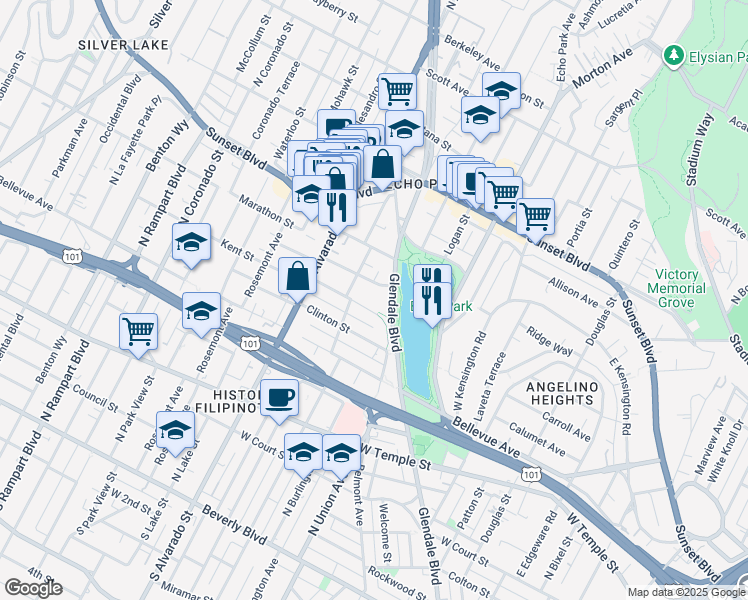 map of restaurants, bars, coffee shops, grocery stores, and more near 1747 Kent Street in Los Angeles