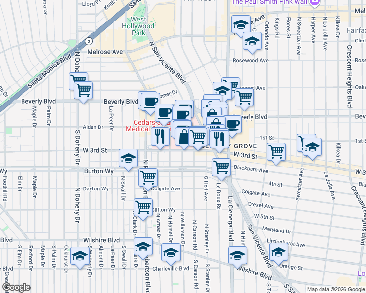map of restaurants, bars, coffee shops, grocery stores, and more near 8631 West 3rd Street in Los Angeles
